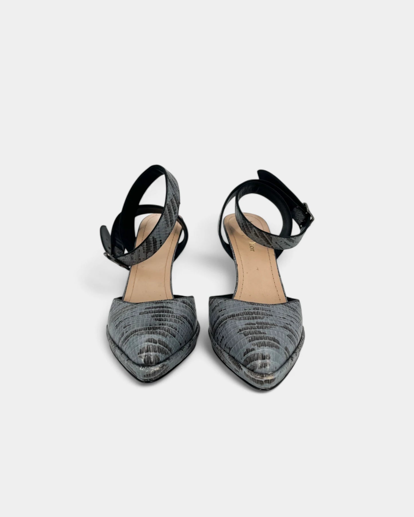 Escarpins gris ouverts à motif crocodile - 39 EU / 8 US