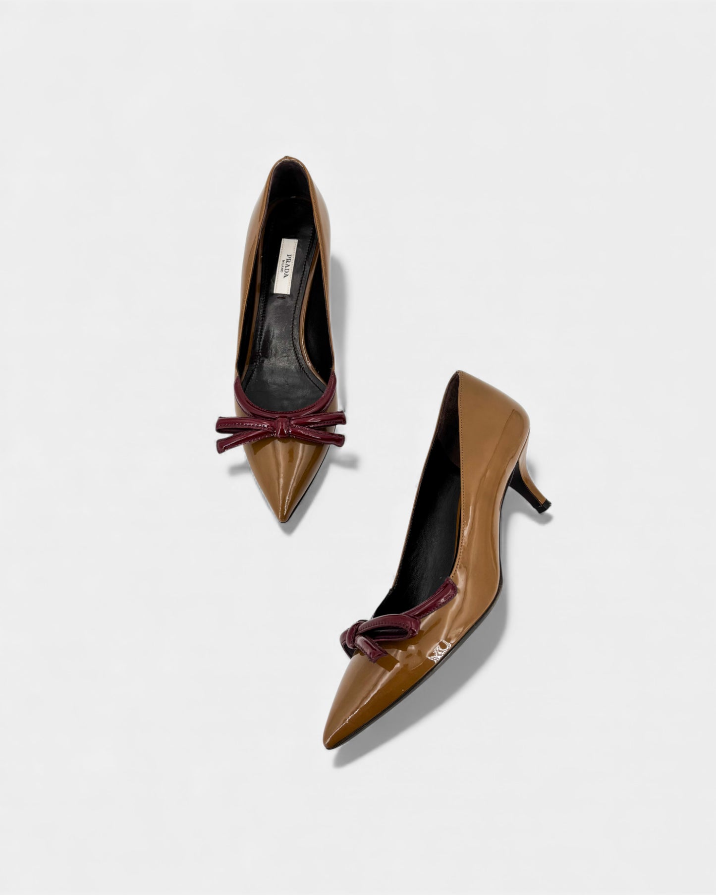 Escarpins cuir vernis marron noeud bordeaux