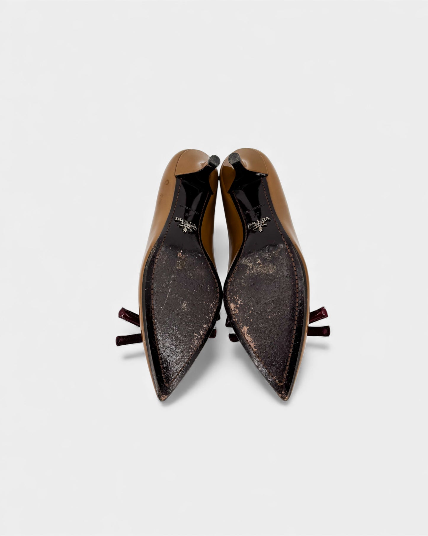 Escarpins cuir vernis marron noeud bordeaux