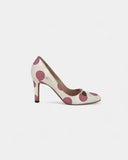 White pumps with pink polka dots