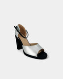 Silver and black heeled sandals