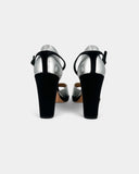 Silver and black heeled sandals