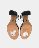 Silver and black heeled sandals