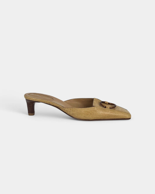 Camel-colored heeled mules