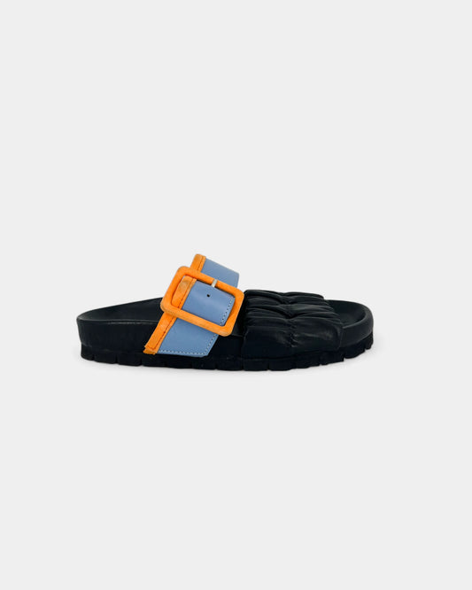 Black sandals with blue and orange straps