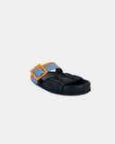 Black sandals with a blue and orange strap