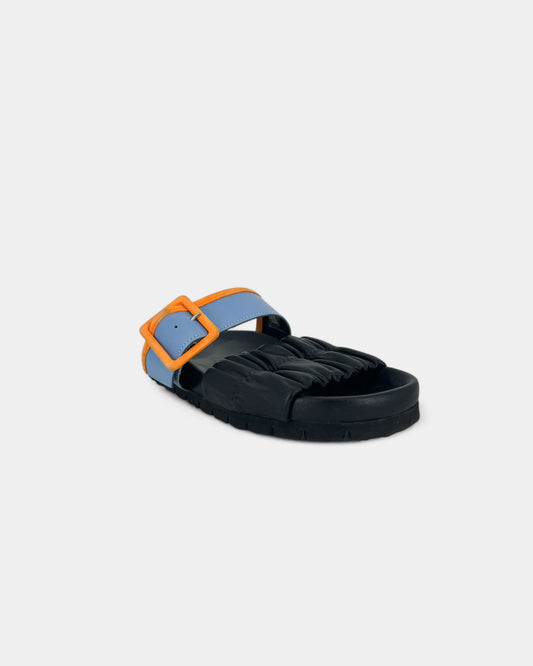 Black sandals with blue and orange straps