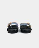 Black sandals with a blue and orange strap