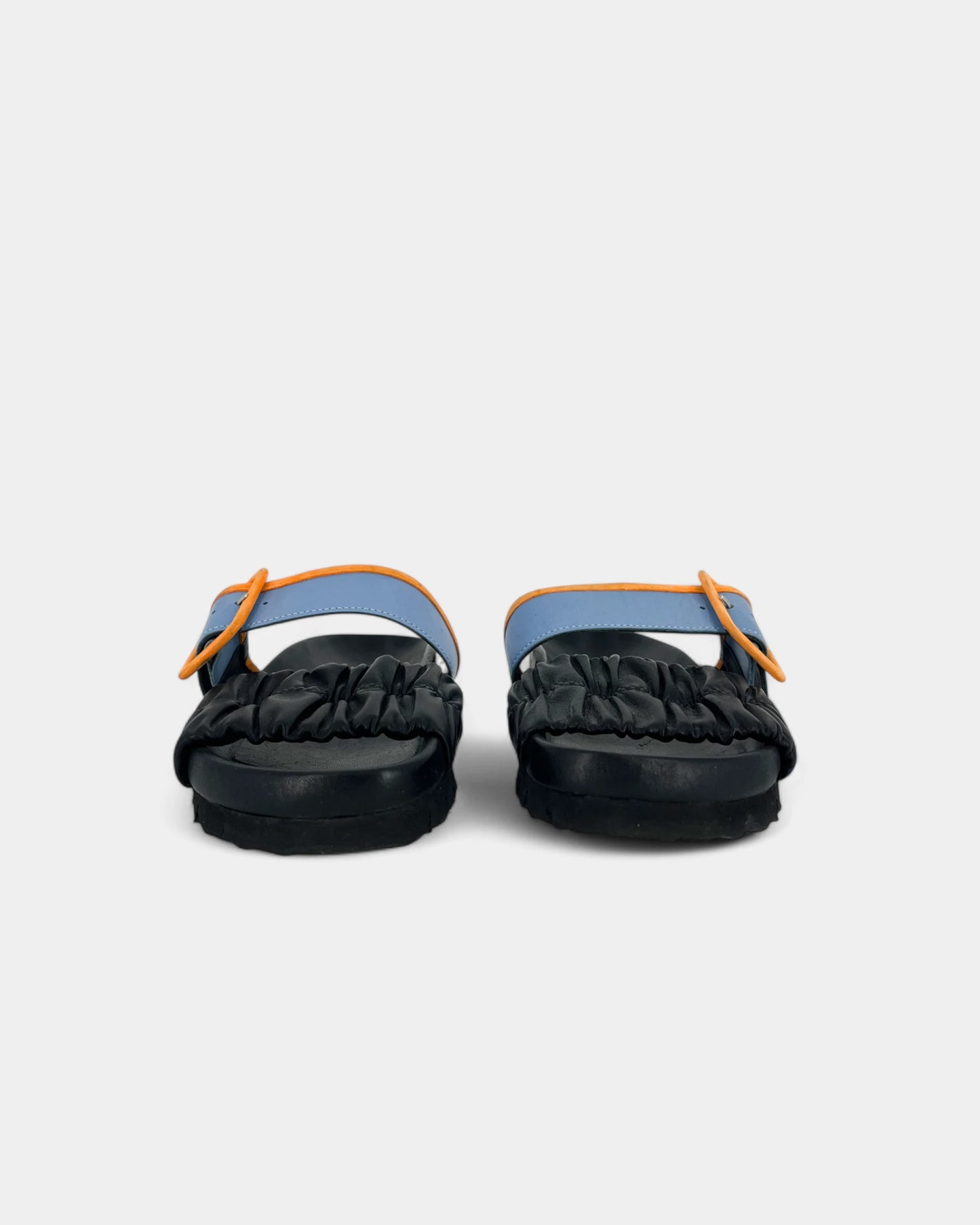 Black sandals with blue and orange straps