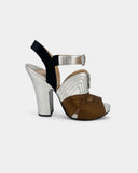 Sandales en cuir argenté et marron à bout ouvert