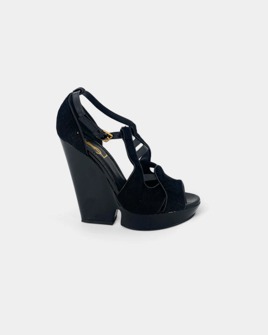 Black patent leather heeled sandals
