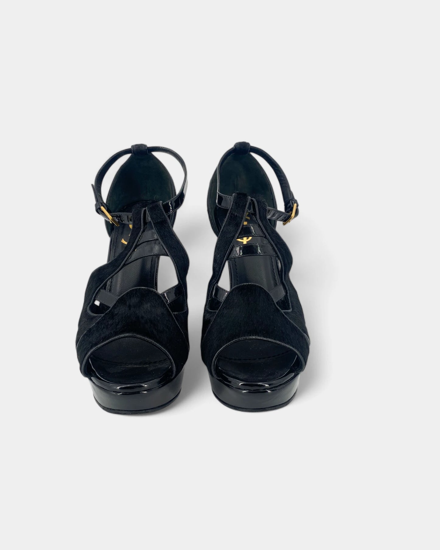 Black patent leather heeled sandals
