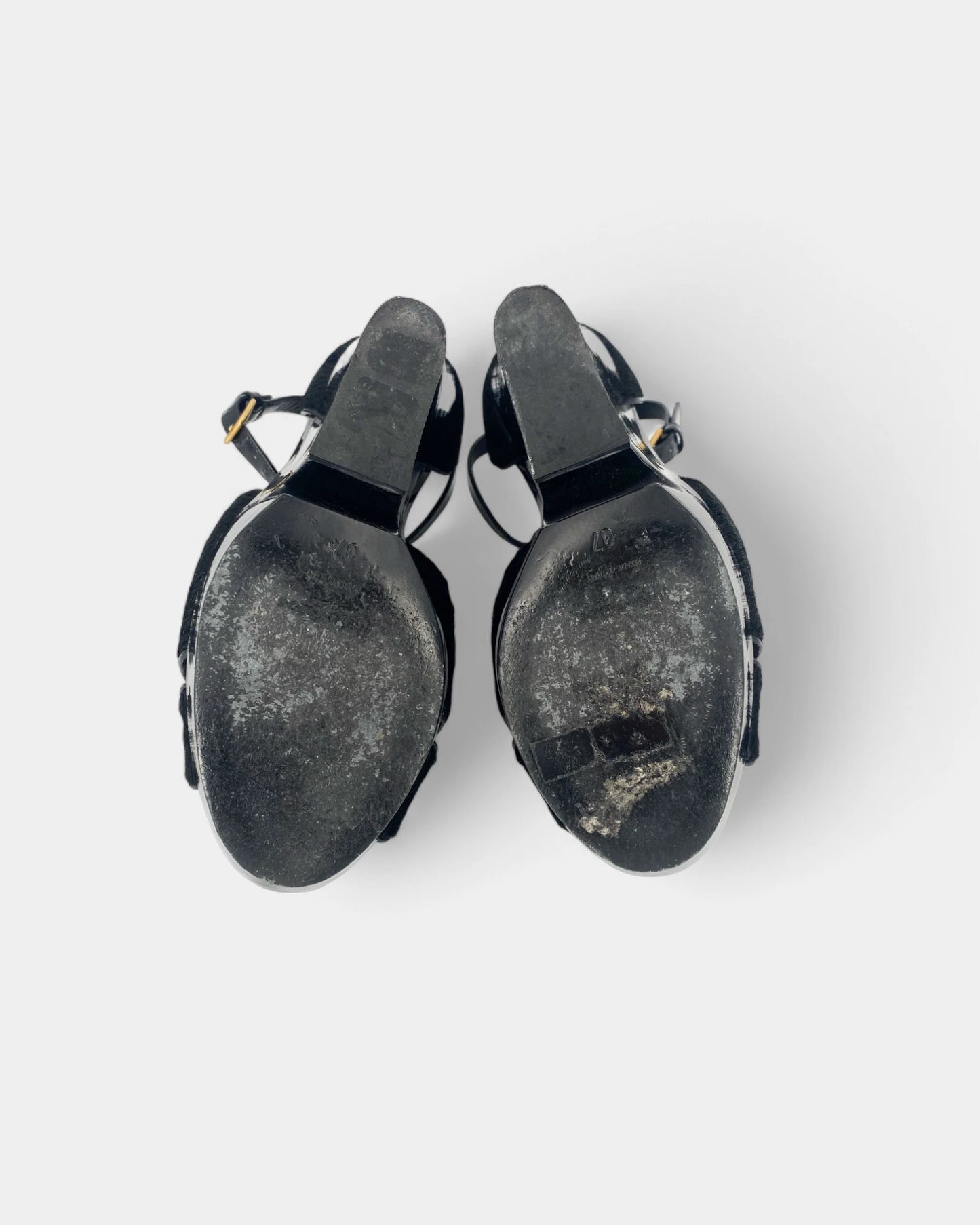 Black patent leather heeled sandals