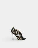 Sandales en cuir verni noir à brides multiples et talon aiguille