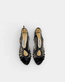 Sandales en cuir verni noir à brides multiples et talon aiguille