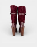 Botte à talon en cuir lisse et daim bordeaux