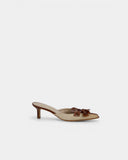 Mules en toile beige et cuir marron