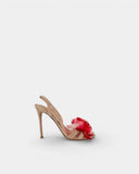 Sandales en daim beige ornées d'une fleur en tulle