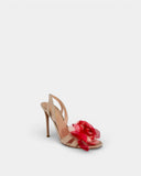Sandales en daim beige ornées d'une fleur en tulle