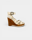 Cream studded wooden and leather wedge sandals