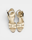 Cream studded wooden and leather wedge sandals