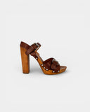 Brown leather and wood heels