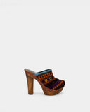 Mules à talon en bois et textile brodé multicolore