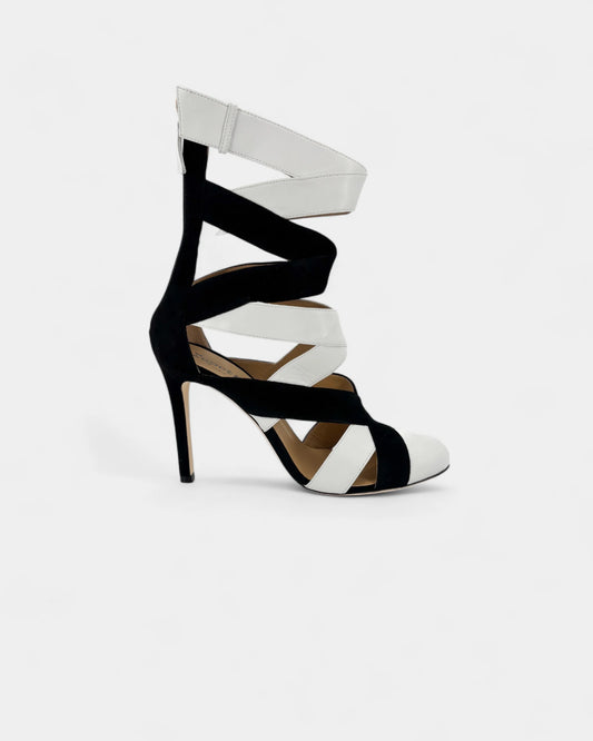 Black and white openwork heeled ankle boots - 38 EU / 7 US