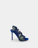 Sandales en tissu bleu satiné, ornés de stras