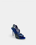 Sandales en tissu bleu satiné, ornés de stras
