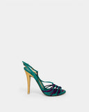Sandales vertes et violettes à talon doré