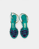 Sandales vertes et violettes à talon doré
