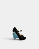 Escarpins cuir noir à talons sculptés tressés bleu ciel