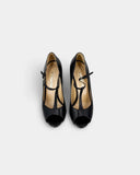 Escarpins cuir noir à talons sculptés tressés bleu ciel