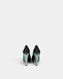 Escarpins cuir noir à talons sculptés tressés bleu ciel