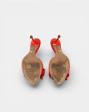 Coral patent leather mules with bow and rhinestones