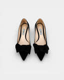 Black suede pumps with fabric bow
