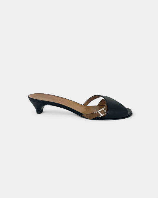 Black and brown low-heeled sandals