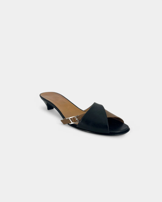Black and brown low-heeled sandals