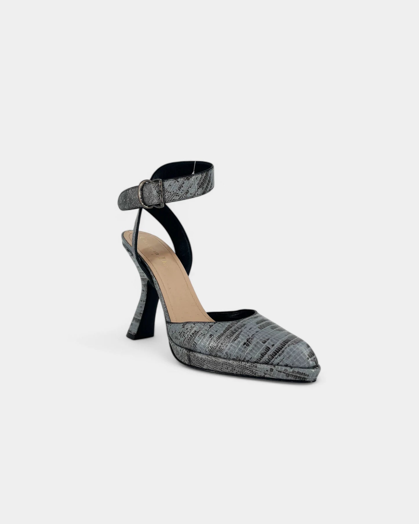 Escarpins gris ouverts à motif crocodile - 39 EU / 9 US