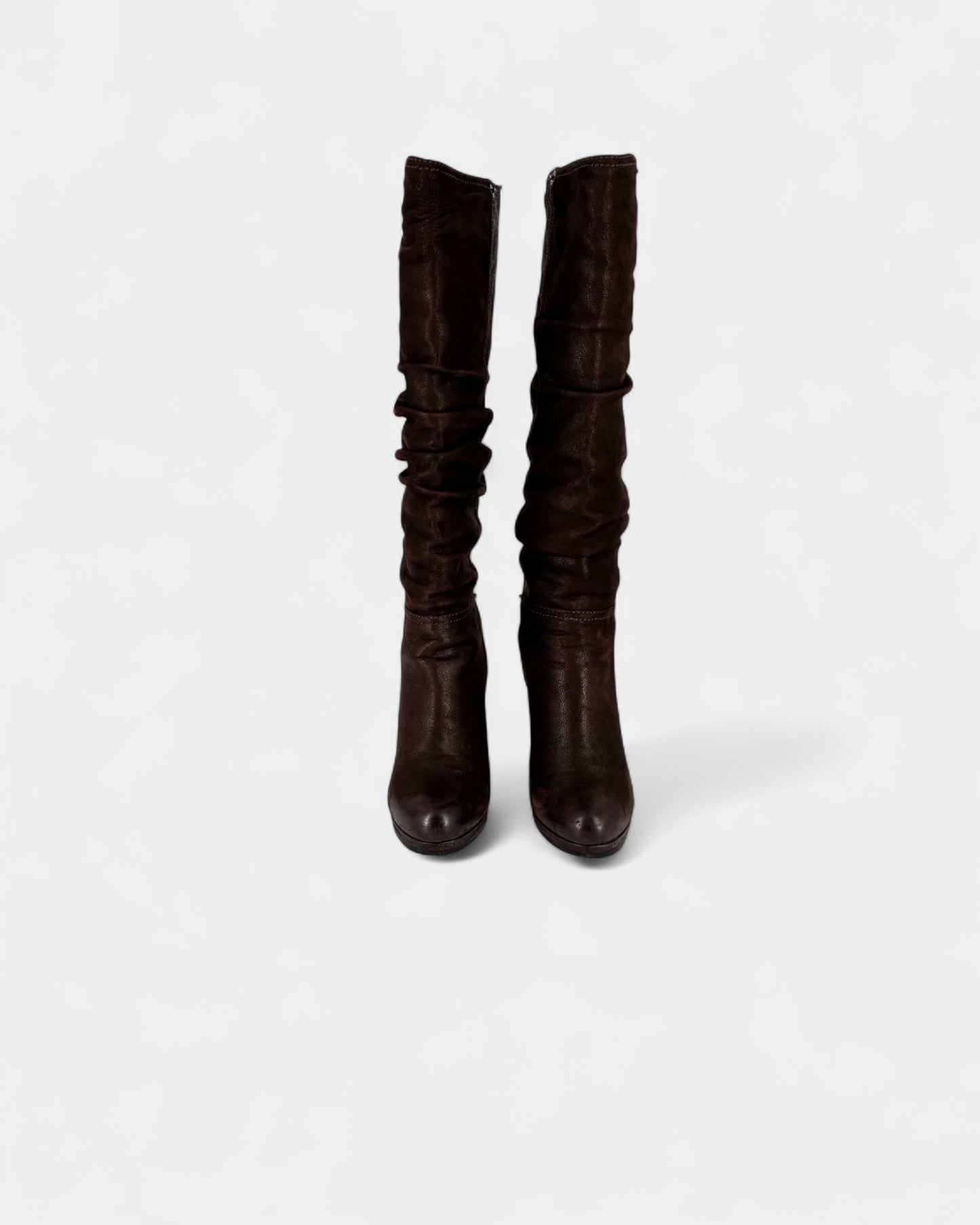 Bottes cuir marron talon compensé Prada