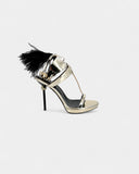 Sandales en cuir métallisé ornées de plumes