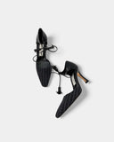 Black striped wool pumps and leather