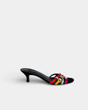 Mules en cuir noir à brides colorées et strass