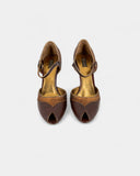 Open-toe pumps in brown leather and gold sequins