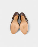 Open-toe pumps in brown leather and gold sequins