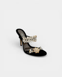 Black satin heeled sandals adorned with crystals