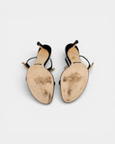 Black satin heeled sandals adorned with crystals