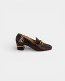 Brown heeled loafers with gold detail