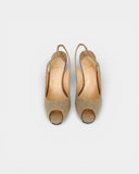 Beige canvas open-toe pumps